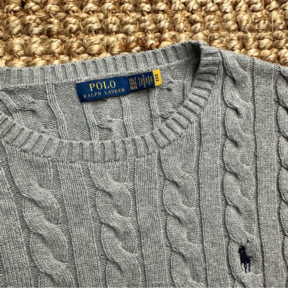 Polo Ralph Lauren Grey Cable Knit Cotton Crew Neck Sweater (3XLT -3XL-Tall)